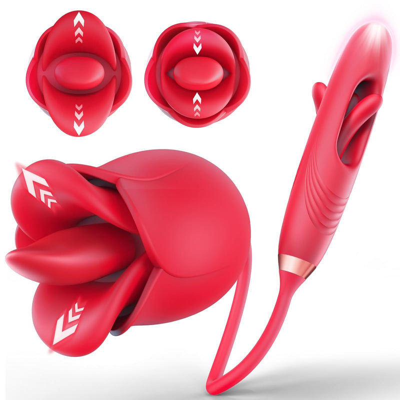 Rose Sex Toys Flapping Vibrator - 4 In 1 Mouth-Shaped Rose Adult Sex Toy Clitoral Stimulator With 10 Tongue Licking & Kissing G Spot Dildo Vibrators, Nipple Anal Vibrater Toys For Women