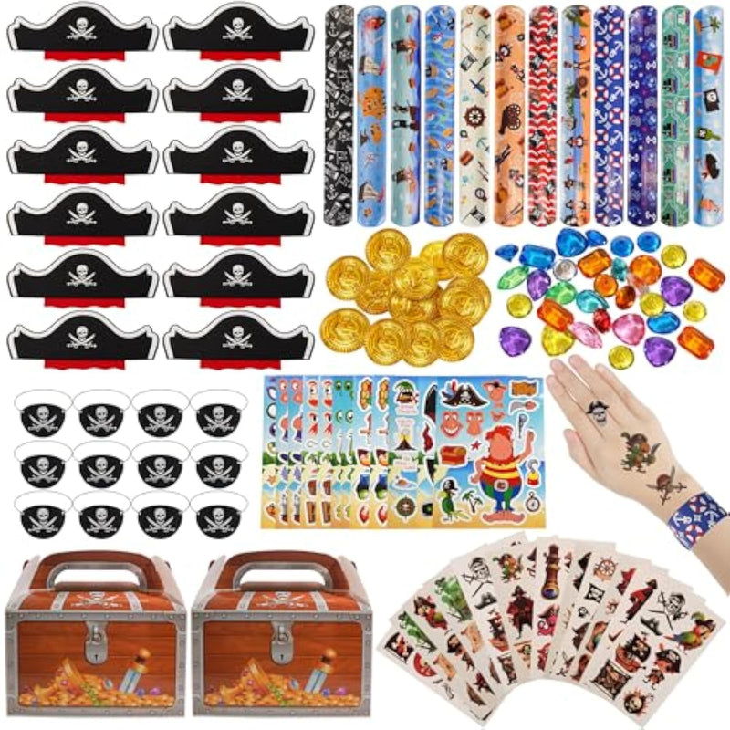 109 Pcs Pirate Party Favors Supplies Tattoo Stickers Bracelet Diamonds Coins Eye Patch Hat Gift Box For Kids Adults Pirate Themed Party Christmas Cosplay Birthday Goodie Bag Fillers
