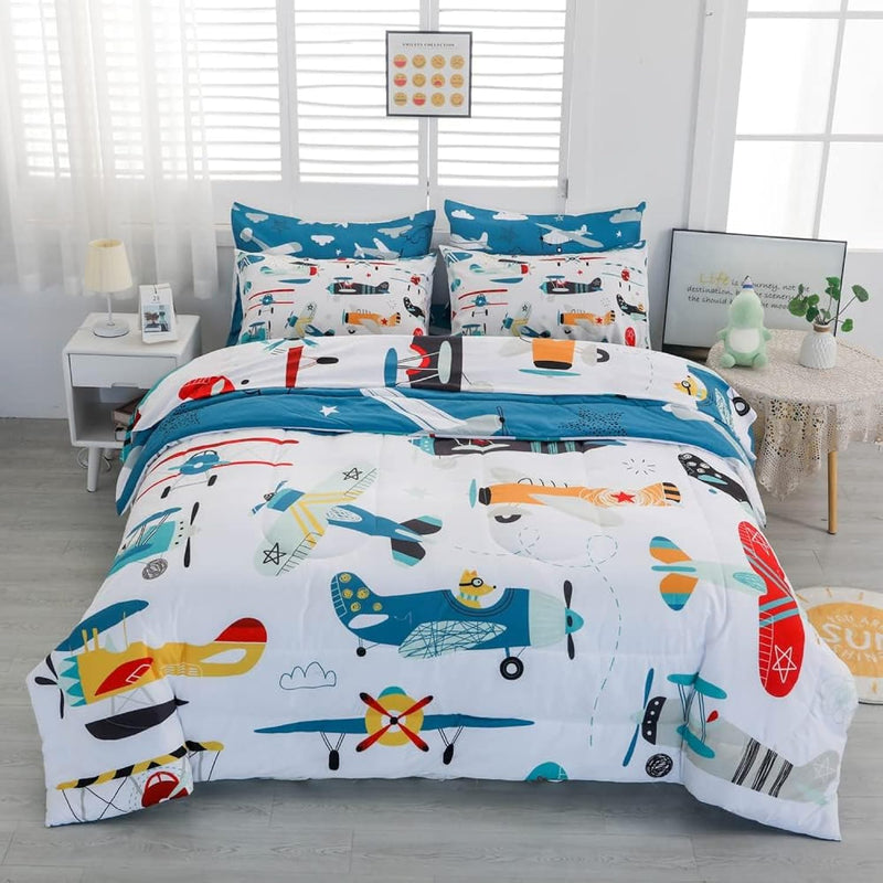 7 Piece Airplane Comforter Set For Boys And Girls, Comforters Queen Size Bed I