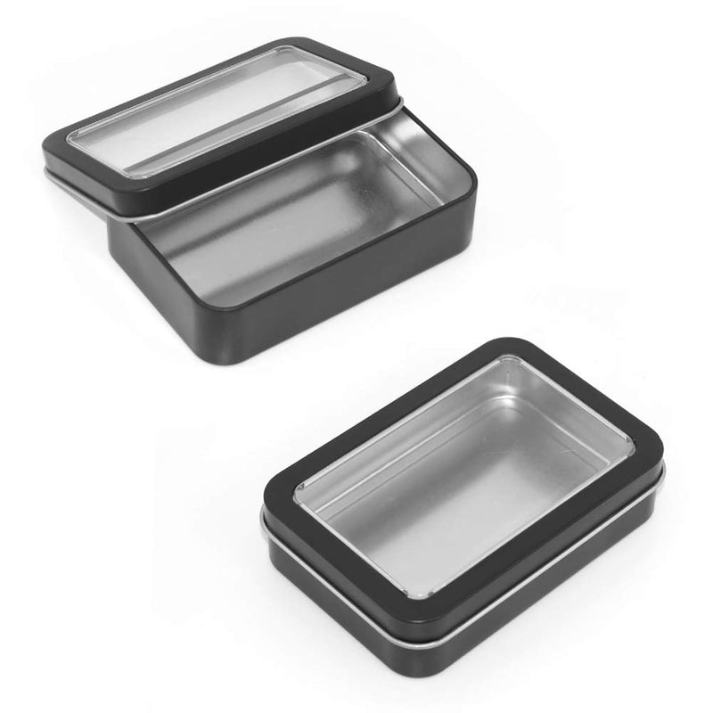 4 Pack Metal Rectangular Tin Boxes Containers With Detachable Clear Lid, Black,P