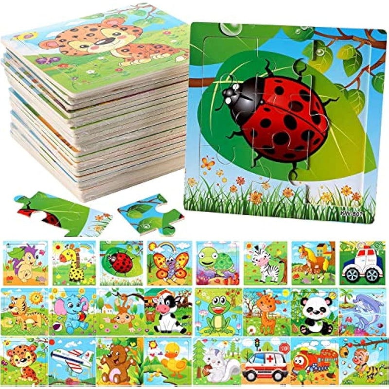 24 Pack Wooden Puzzles For Kids,Mini Jigsaw Animal Puzzles Set For Kids Boys Girls, Early Preschool Educational Toys, 20 Animal Patterns + 4 Transportations