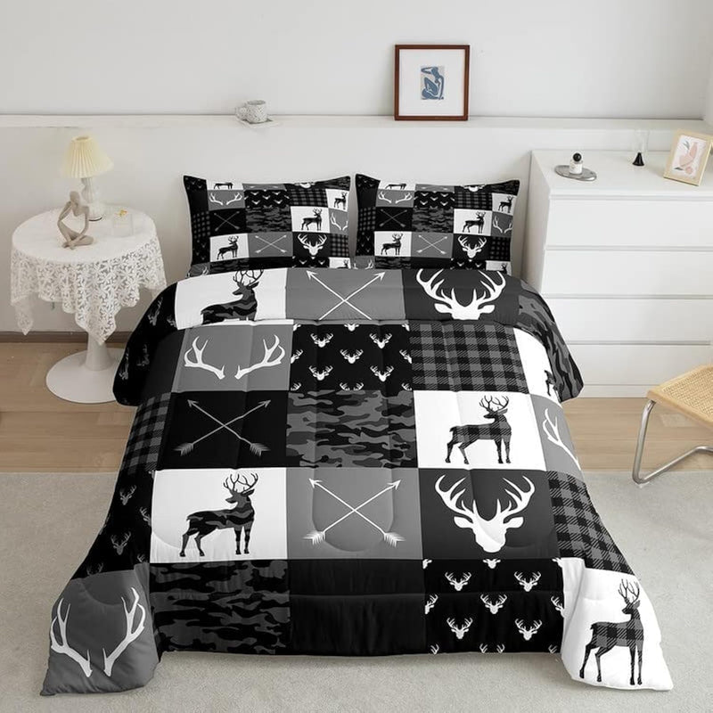 Deer Antler Silhouette Kids Comforter Set Full Size,Geometric Plaids Arrows Bo