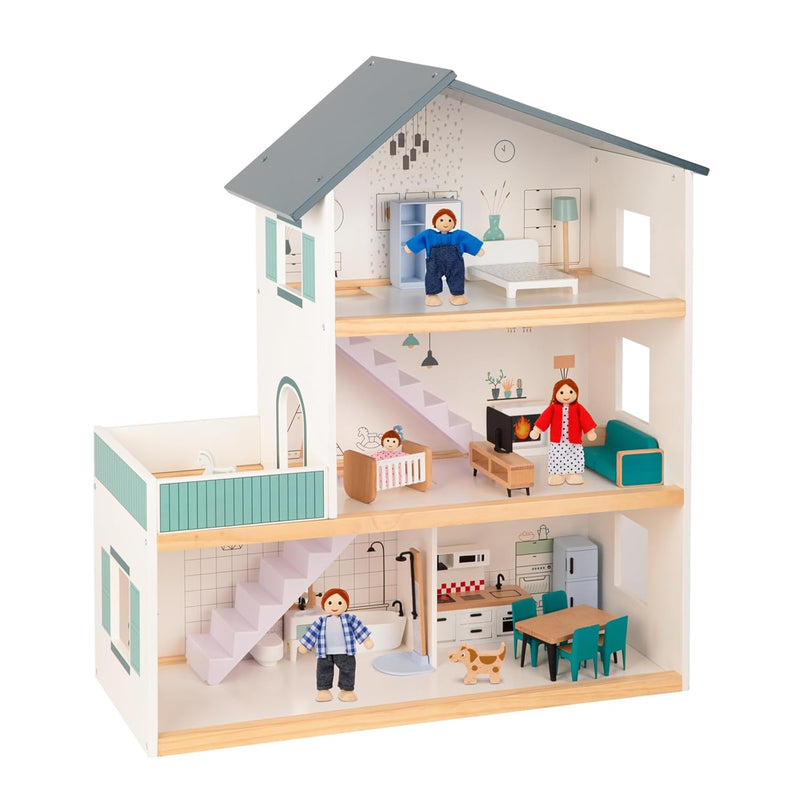 Wooden Dollhouse For Kids, Doll House With Simulated Luxury Furniture Set,