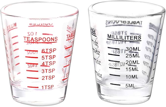 Shot Glasses Measuring cup Espresso Shot Glass Liquid Heavy Glass Wine Glass 2 Pack 26-Incremental Measurement 1oz, 6 Tsp, 2 Tbs, 30ml (Black and Red)