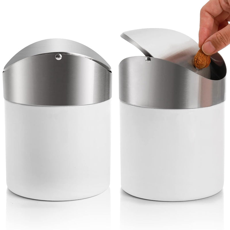 2 Pack Mini Trash Can, White Stainless Steel Garbage Bin With Swing Lid, Small C