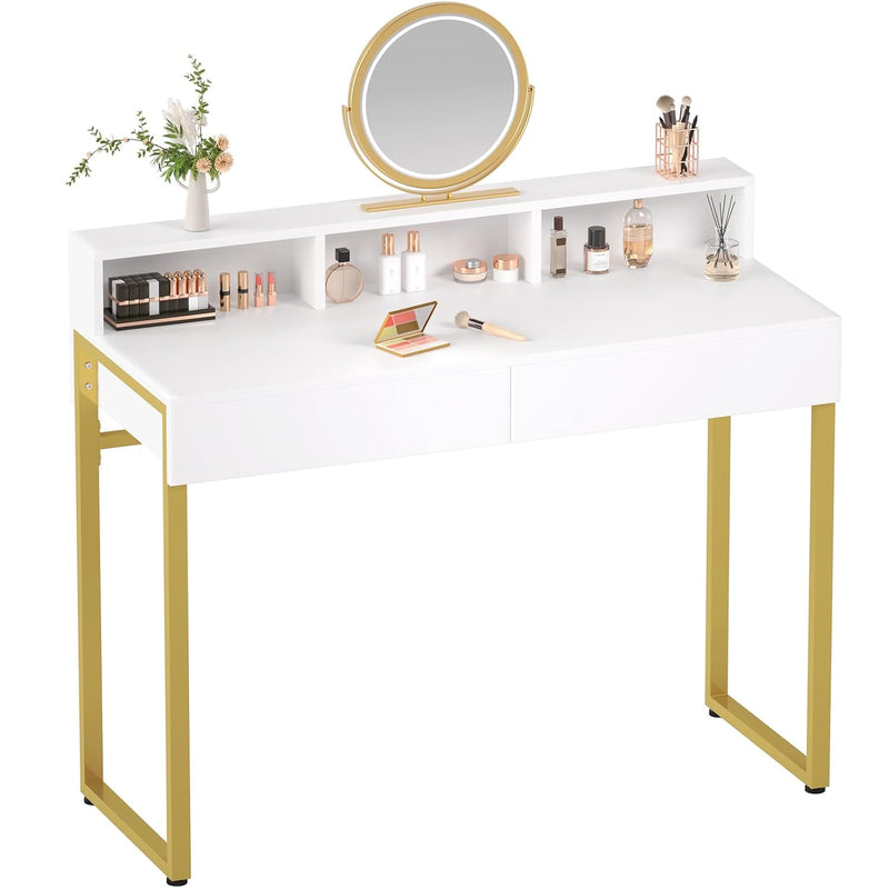 Vanity Desk With 2 Drawers,39.4 Inch Small White Desk With 3 Storage Spaces,Mo
