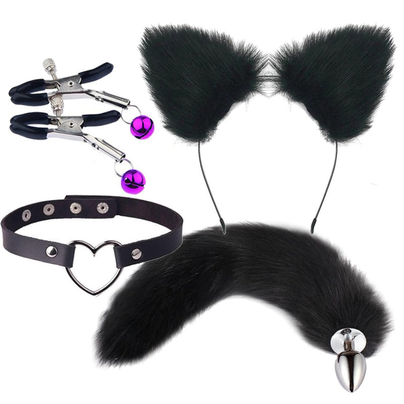 Prucit Cat Women Cosplay Set Cat Tail Plug Anal Tail Set Stainless Steel Plug Sexy Adult Toys Ears And Nipple Clamps Plugs For Tail Plug Couples Sex Toys Girl Women Adult Party(Black)