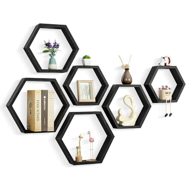 Hexagonal Floating Shelves Set Of 6 Hexagon Sheves Wall Mount Wood Storage Hon