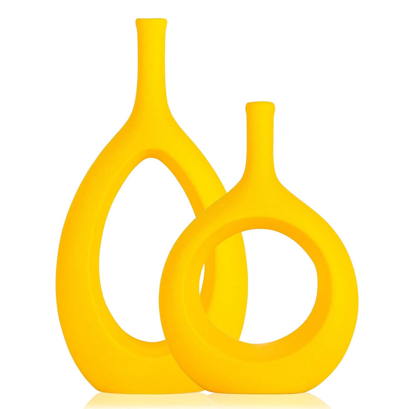 Yellow Ceramic Hollow Elliptical Vase Set Of 2 - Boho Circle Vase With Hole, F