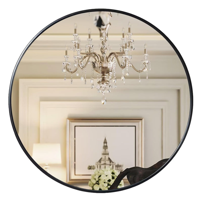 28 Inch Black Round Mirror, Bathroom Mirror For Wall, Wall-Mounted Circle Mirr