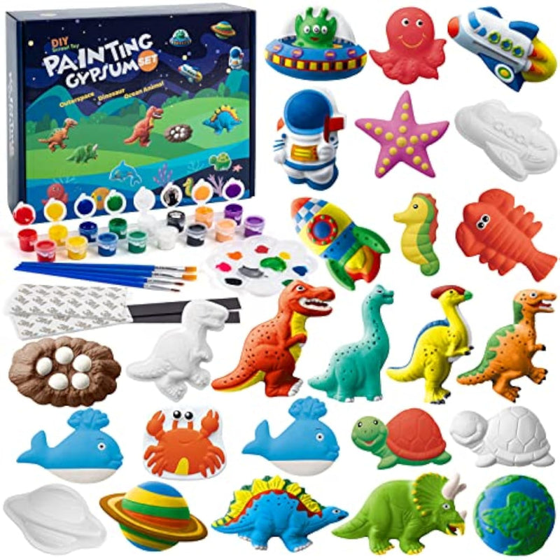 Kids Plaster Painting Craft Kit, Space, Dinosaur & Marine Figurines Art Set