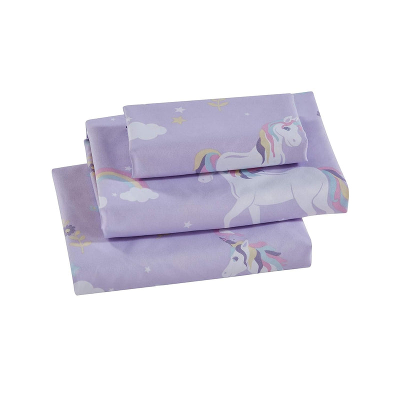 Sheet Set Kids/Teens Unicorn Bird Star Flower Cloud Lilac Purple Pink Yellow W