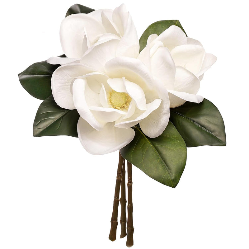 3 Stems Real Touch White Southern Magnolia Flowers, Artificial Realistic Magno