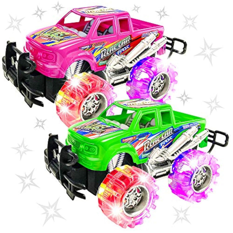 Pink And Green Light Up Monster Truck Set For Boys And Girls, Set Includes 2, 6 Inch Monster Trucks With Beautiful Flashing Led Tires, Push N Go Toy Cars, Best Gift For Kids, For Ages 3+