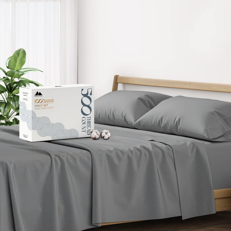 500 Thread Count 100% Cotton Sheet Dark Grey Queen Sheets Set, 4-Piece Long-St