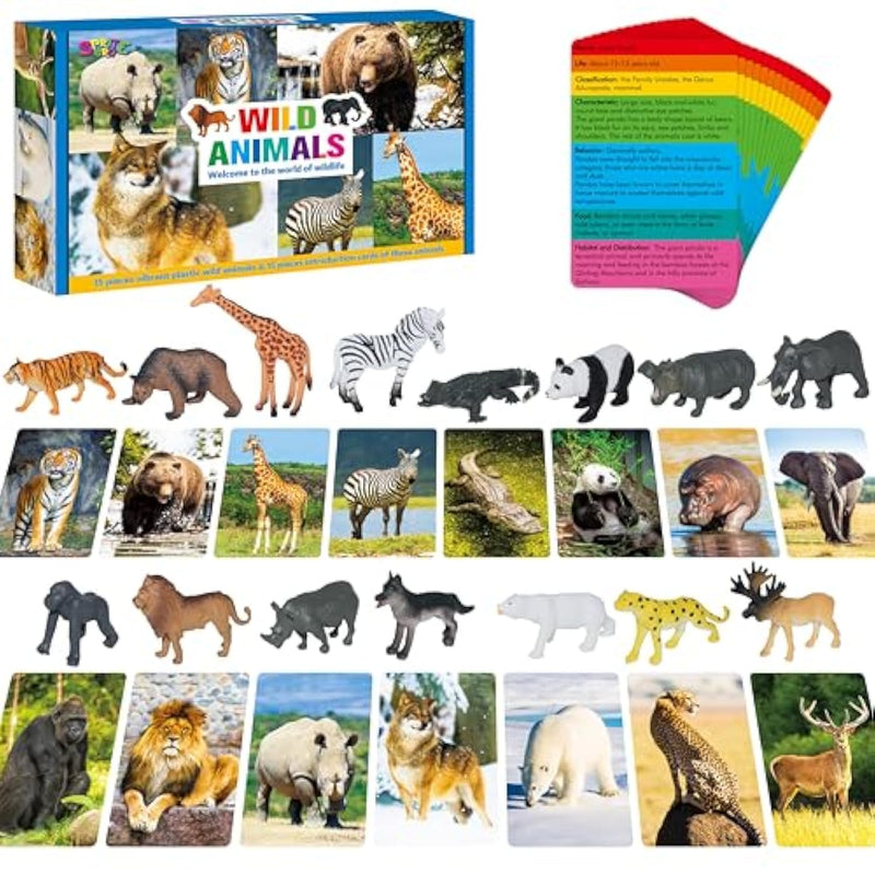 15 Pcs Safari Animal Figurines With 15 Introducing Flashcards, Realistic Zoo Animal Figures Montessori Toys Science Educational Matching Game For Homeschool Preschool Toddler Kids