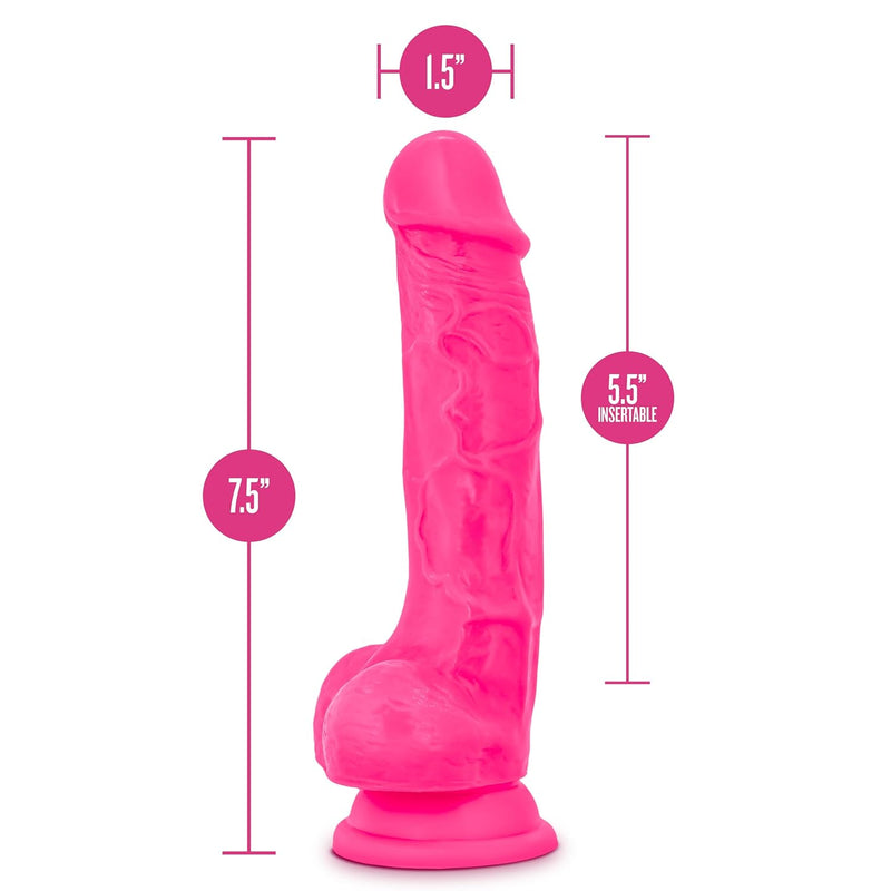 Blush Neo Elite - 7.5 Inch Purio Silicone Dual Density Dildo - Ultrasilk Smooth - Strap On Compatible Suction Cup Penis For Hands Free Anal Vaginal Play - Adult Sex Toy For Women Couples - Neon Pink