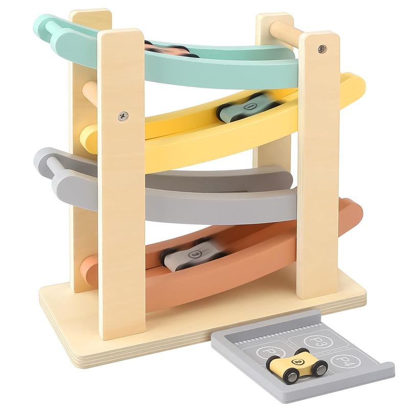 Wooden Car Ramp Toy, 4 Level Toddler Car Ramp Race Track Set With 4 Mini Ca