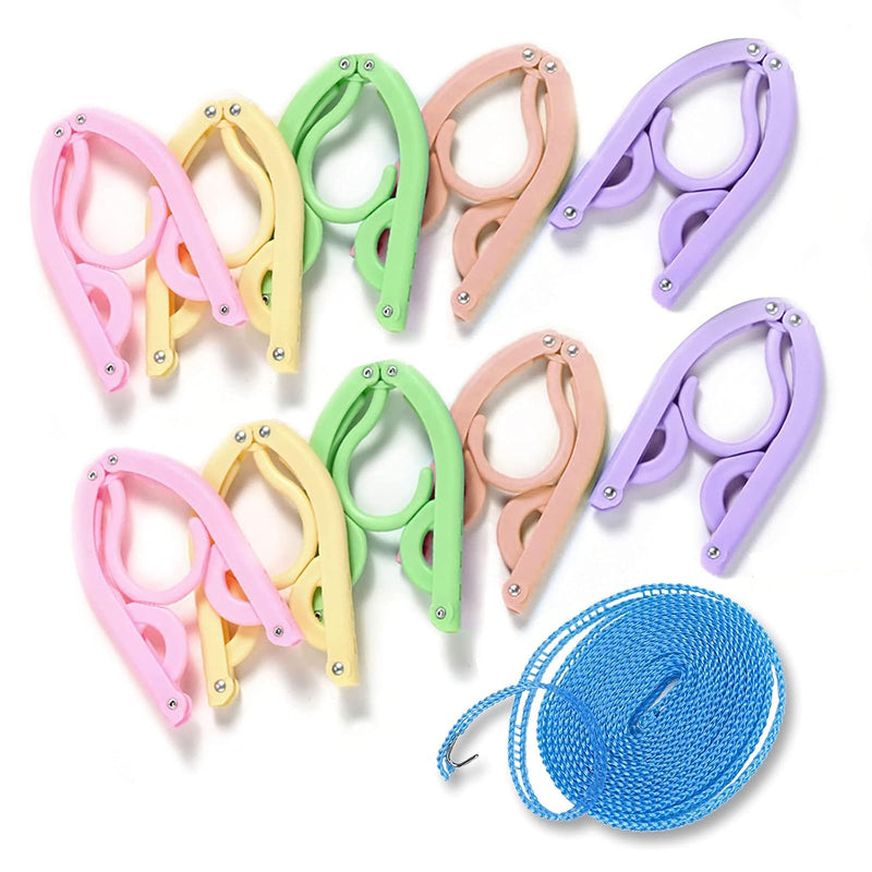 Clothes Hangers 10Pcs Colorful Travel Hangers With 1 Pack Clothesline, Portable