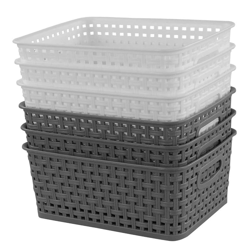 6-Pack Plastic Storage Baskets/Bins, Rectangle White, Grey
