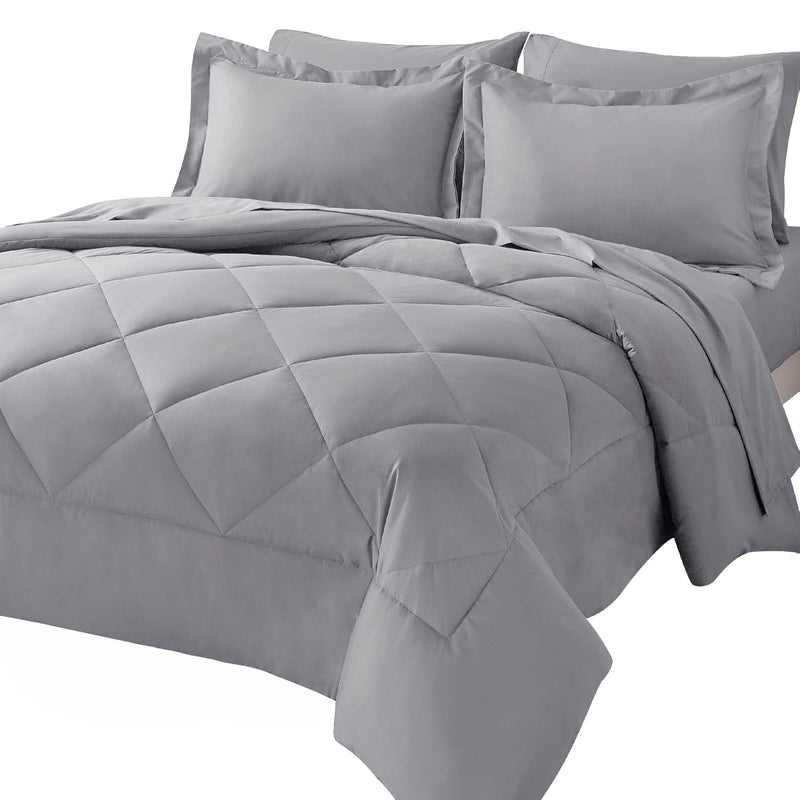 Queen Bed In A Bag 7-Pieces Comforter Set With Sheets Light Grey All Season Be