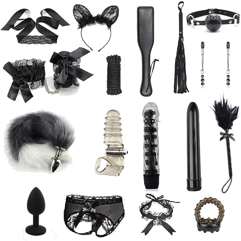 Bdsm Restraints Sex Toys 18Pc Bondage Restraints Set Fetish Bed Restraints Kits For Beginners Light Sm Adult Games Safe Bdsm Cuffs Nipple Clamps Flogger Ball Gag Blindfold Rope Black Cosplay