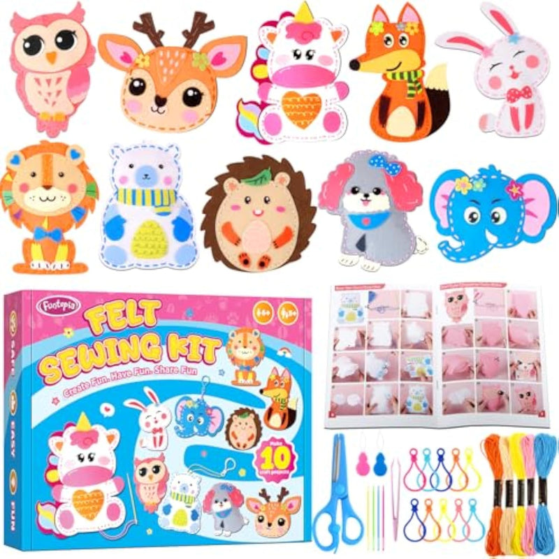 Kids' DIY Sewing Kit with 10 Pre-Cut Stuffed Animal Projects and Instructional Guide