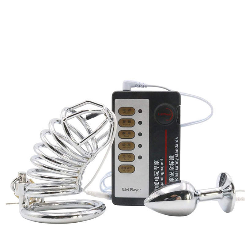 Male Ring Hollow Metal Chastity Cage Chastity Toy Bullet Butt Plug Jewelry Base Shock Set