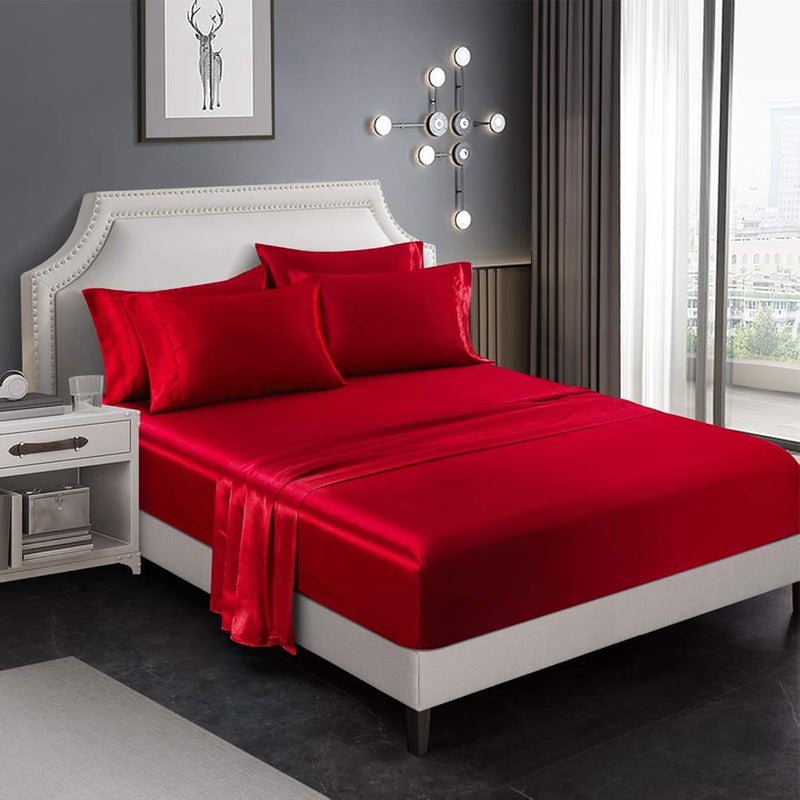 6 Piece Satin Bedding Sheet Pillowcase Sets Deep Pocket Luxury Rich Silk Silky