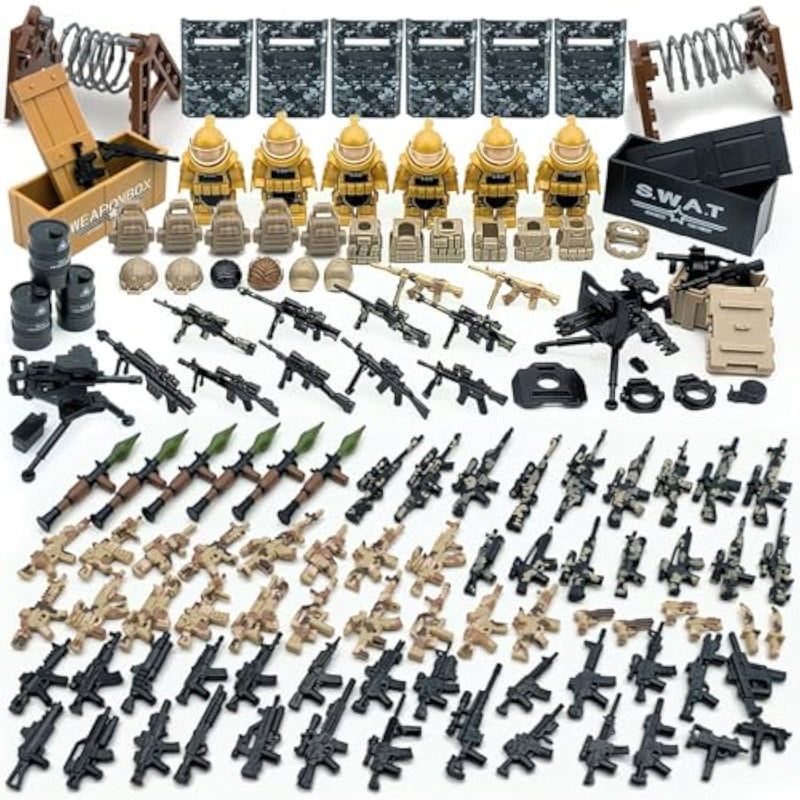 Military Weapon Pack Army Accessories Kits Toys Include Camouflage Guns Shields E.O.D Suits For Army Soldiers Weapons Equipment Gear Set Compatible With Major Minifigure Building Block Toy (200+Pcs)
