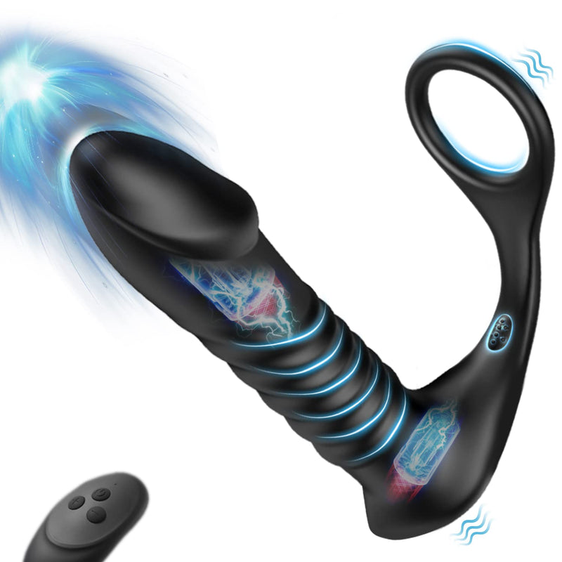 Thrusting Anal Vibrator With Thick Penis Ring, 3*10 Vibrating&Telescopic Prostate Massager Dildo Shaped Anal Plug, Silicone Male Sex Toys Gay Toy For Men Masturbation And Foreplay