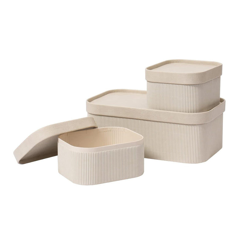 Storage Basket Set Of 3 With Leather Lids Fluted Cardboard - Light Grey