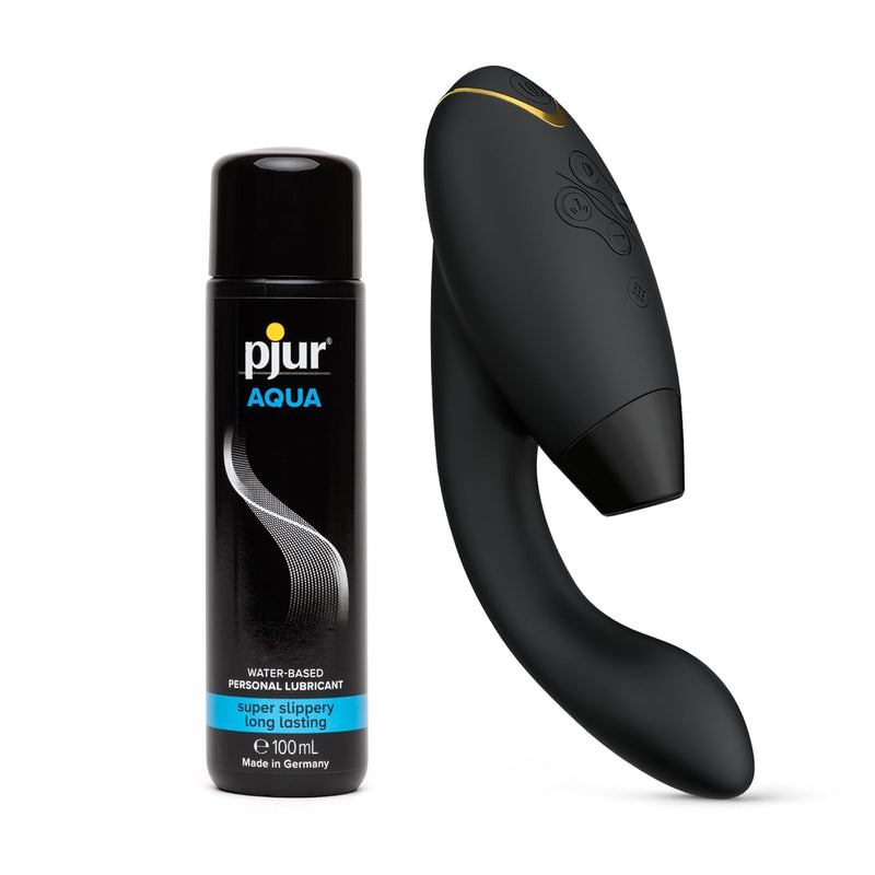 Duo 2 Black Dual Stimulation Pleasure Air Clitoris Stimulator Rabbit Vibrator & Pjur Aqua Water Based Personal Lubricant 3.4 Fl Oz - Female Sex Toys Bundle
