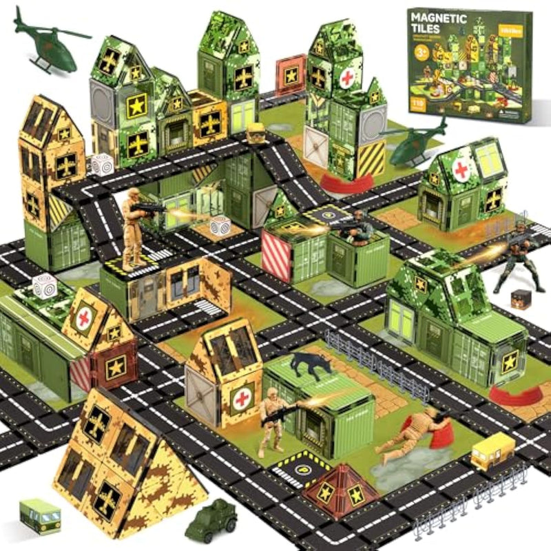 Magnetic Tiles Road Building Toys Set With Magnetic Blocks And Army Toys Accessories, Military Magnetic Blocks For Kids Ages 3-5 4-8, Stem Educational Sensory Magnet Toys Birthday Gifts For Boys Girls