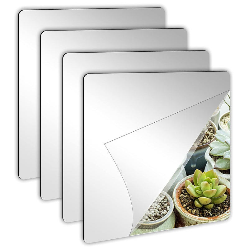 4 Pack Self Adhesive Acrylic Mirror, 8 X 8 Inch Mirror Tiles,Flexible Plastic