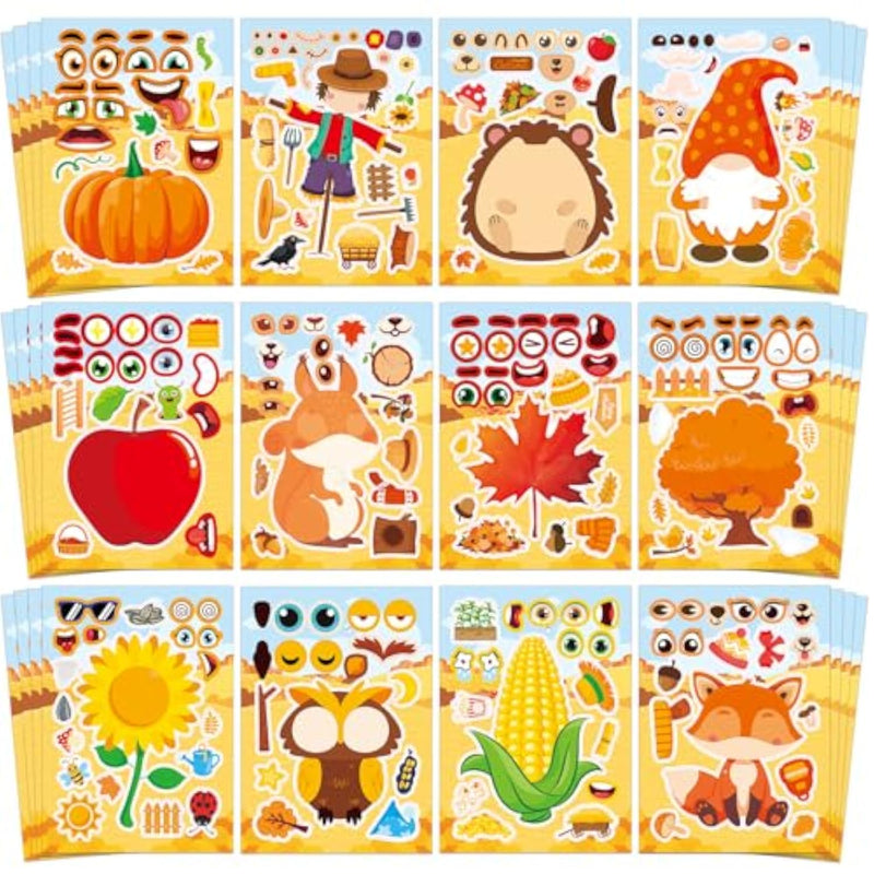 48 Sheets Fall Make-a-Face Stickers, 12 Designs for Kids & Party Favors