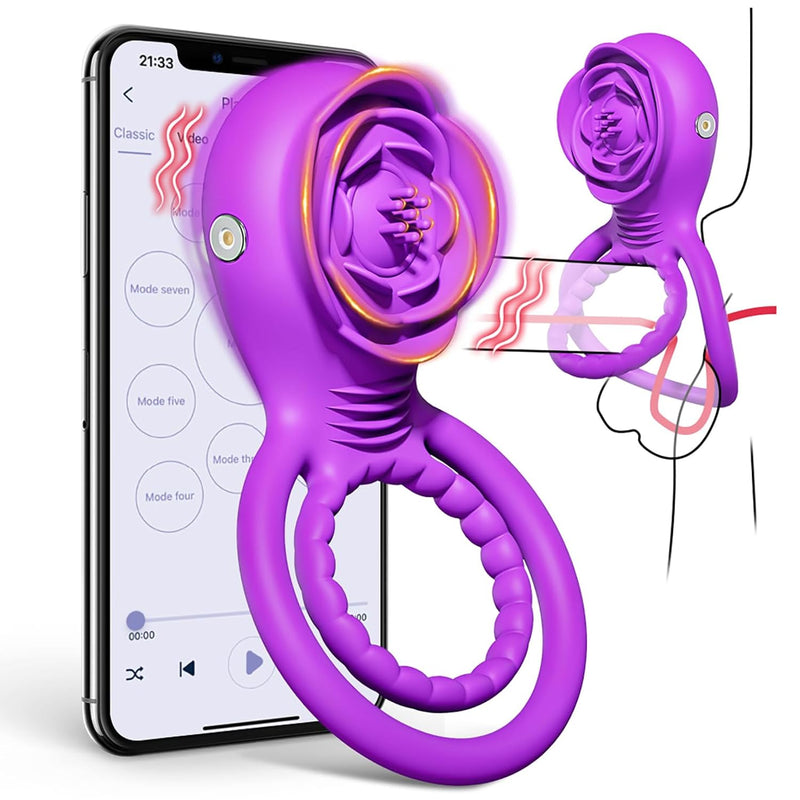 Vibrating Cock Ring Penis Sleeve Vibrator With App Control, Adult Sex Toys For Men Women With Rose Clitoral Stimulator,Penis Trainer Sex Machine Vibrators 10 Vibrations Male Couple Sex Toy (Purple)