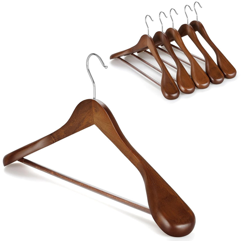 Wide Shoulder Wooden Hangers, Suit Hangers With Non Slip Pants Bar & 360° Swivel