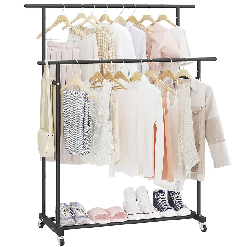 Double Rod Clothing Garment Rack,Rolling Hanging Clothes Rack,Portable Clothes O