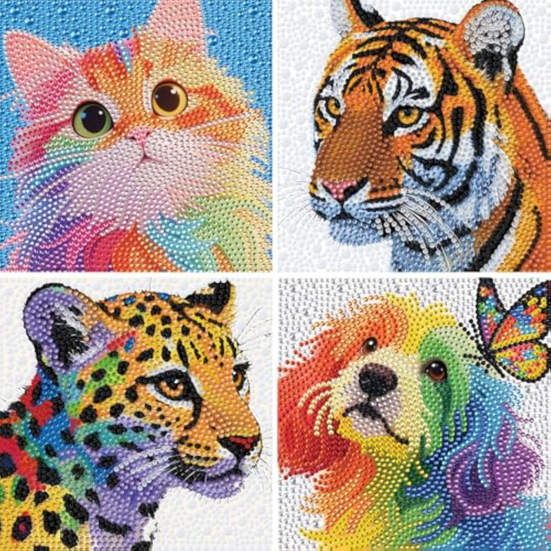 4 Pack Diamond Art Kits for Kids, 6 Inch Tiger & Leopard Gem Painting Set