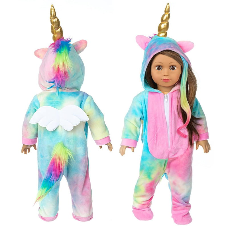 18 Inch Doll Clothes Rainbow Unicorn Doll Costume Onesie Pajama With Hair B