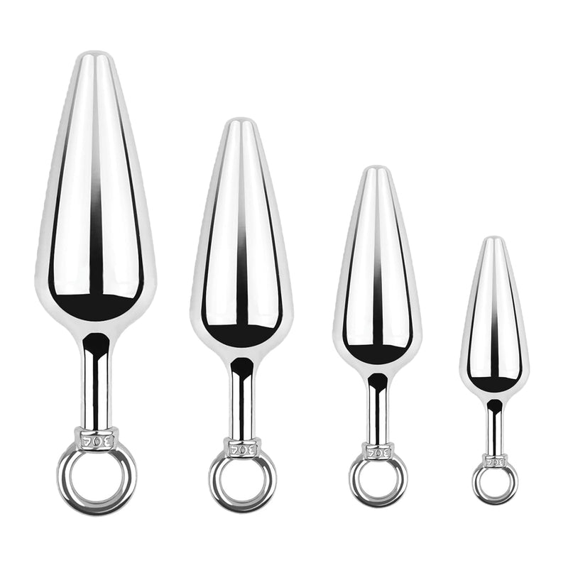 4 Pcs Metal Silvery Butt Plug Set With Pull Ring Adult Sex Sm Toys Smooth Metal Anal Plug Kit For Couple(C)
