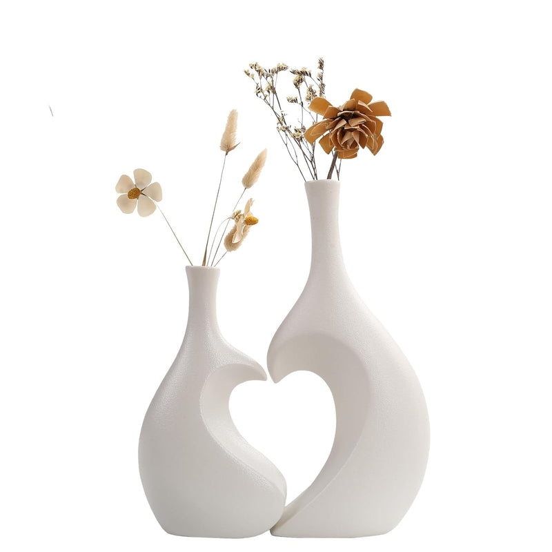 White Ceramic Vase Set Of 2, Heart Shaped Vase, Matte Frosted Texture Finish,F