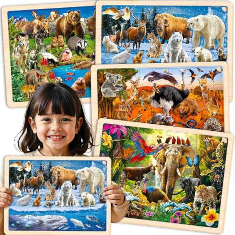 4Set Puzzles For Kids Ages 4-6 - 36 Pcs Wooden Realistic Montessori Puzzles Ages 3-5 - Polar & Tropical Regions, Yellowstone & Australian Animals Learning Games For Boys And Girls 4-8 Year Old