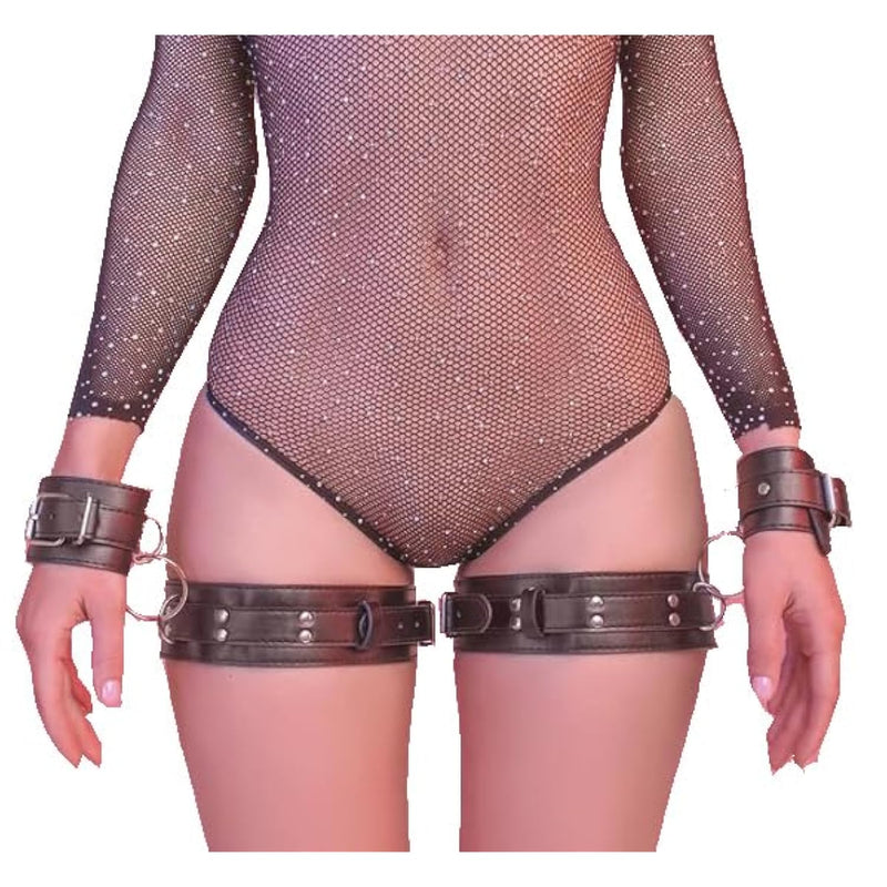 Bdsm Leather Restraints Kit Handcuffs And Thigh Cuffs Adjustable Black Wrist Leg Cuffs Fetish Harness Adult Sex Toys Bed Sex Restraints Set For Couples Woman Beginner Sm Game