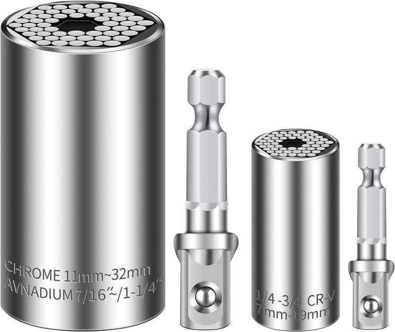 Universal Socket Set (11-32mm 7-19mm) Super Socket for Unscrew Any Bolt Multi-Function Universal Socket Tool Kit with Power Drill Adapters Gifts for Men, Father/Dad, Husband, DIY Handyman 4PCS