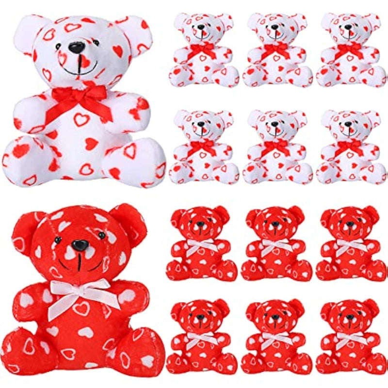 12 Pieces Plush Bear Toys 4 Inch Mini Stuffed Animals White And Red Plush Stuffed Love Bears With Hearts Pattern For Wedding Anniversary Birthday Party Favors Gifts