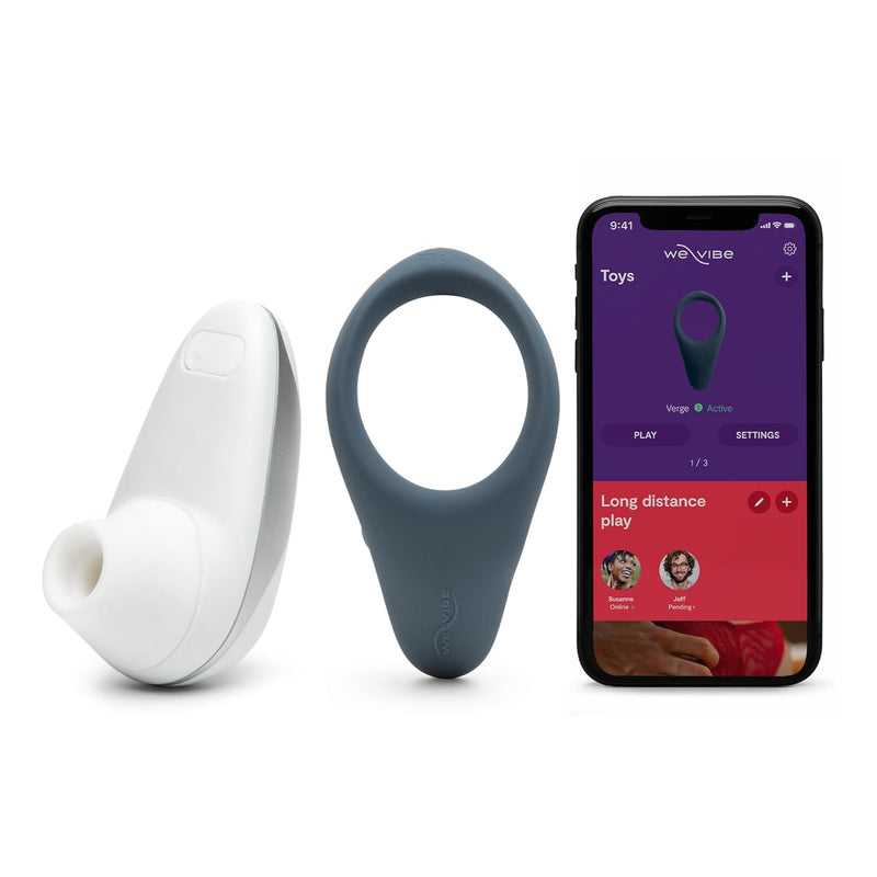 Verge Vibrating Cock Ring App Controlled & Womanizer Starlet White Pleasure Air Clitoris Sucker - Couples Sex Toys Bundle