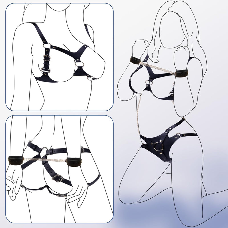 Sex Bondage Bdsm Kits Restraints Set Sex Toys, Adjustable Breast Harness Sexy Lingerie Strap On Waist With Handcuffs Ankle Thigh Cuffs Sex Things For Couple Kinky Gay Adult Sm Games