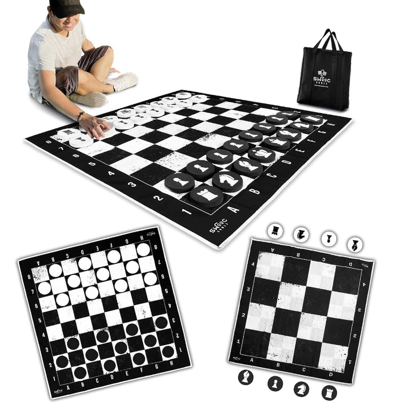 SWOOC Games - 3-in-1 Giant Checkers, Chess, & Chess Tac Toe Game with Mat (